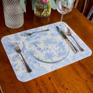 Tovaglietta in materiale plastico riciclabile con fantasia giungla blu denim