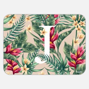Tovaglietta in materiale plastico riciclabile con fantasia fiori tropicali e lettera J