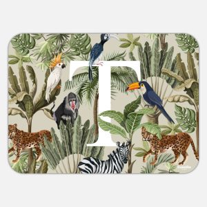 Tovaglietta in materiale plastico riciclabile con fantasia animali della giungla e lettera T