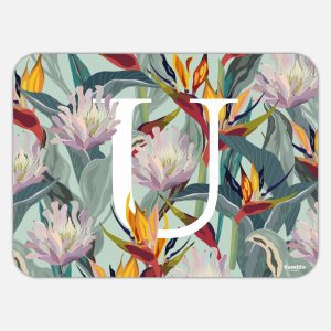 Tovaglietta in materiale plastico riciclabile con fantasia strelitzia uccello del Paradiso e lettera U